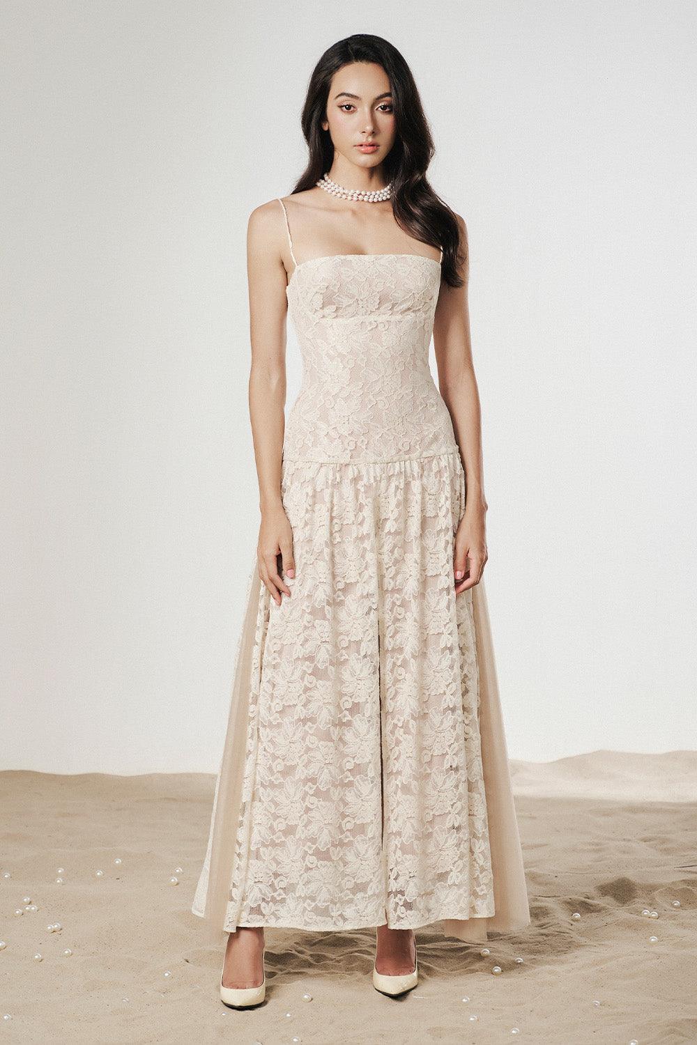 Cinderella Drop Waist Spaghetti Strap Mesh Lace Maxi Dress - Beige / S Cinderella Drop Waist Spaghetti Strap Mesh Lace Maxi Dress - Beige / S