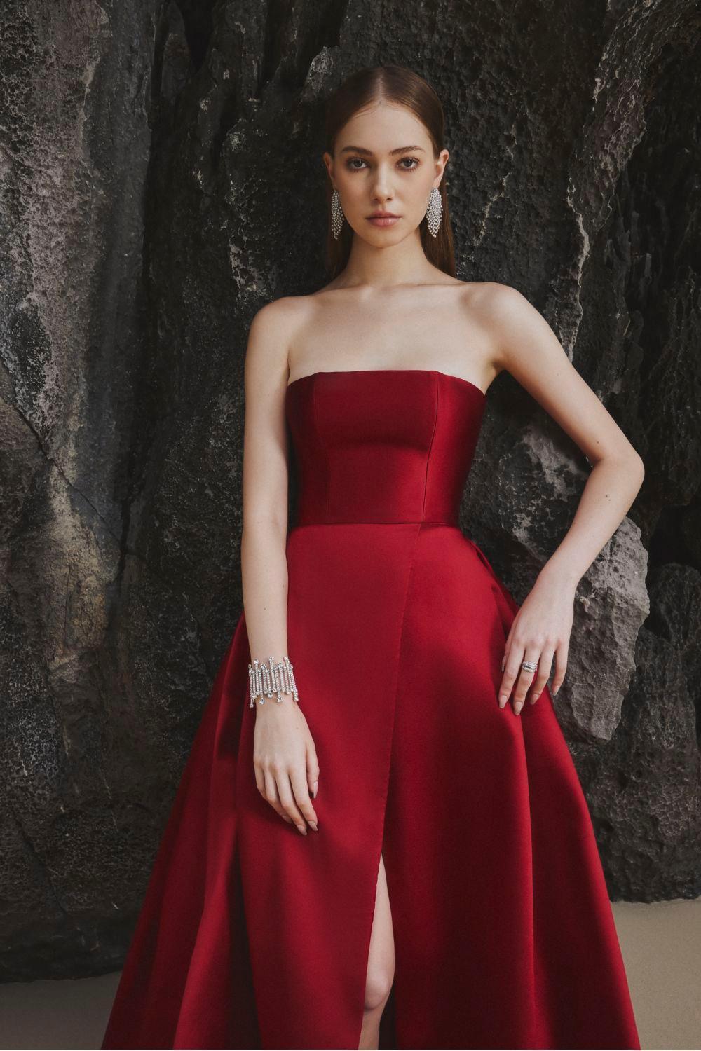 Clara Ball Gown Straight Across Neck Taffeta Maxi Dress - MEAN BLVD