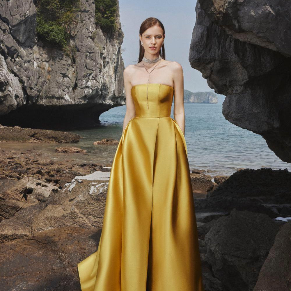 Clara Ball Gown Straight Across Neck Taffeta Maxi Dress - MEAN BLVD