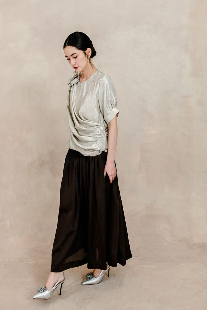 Clementine Pleated Elastic Waist Silk Ankle Length Skirt - MEAN BLVD