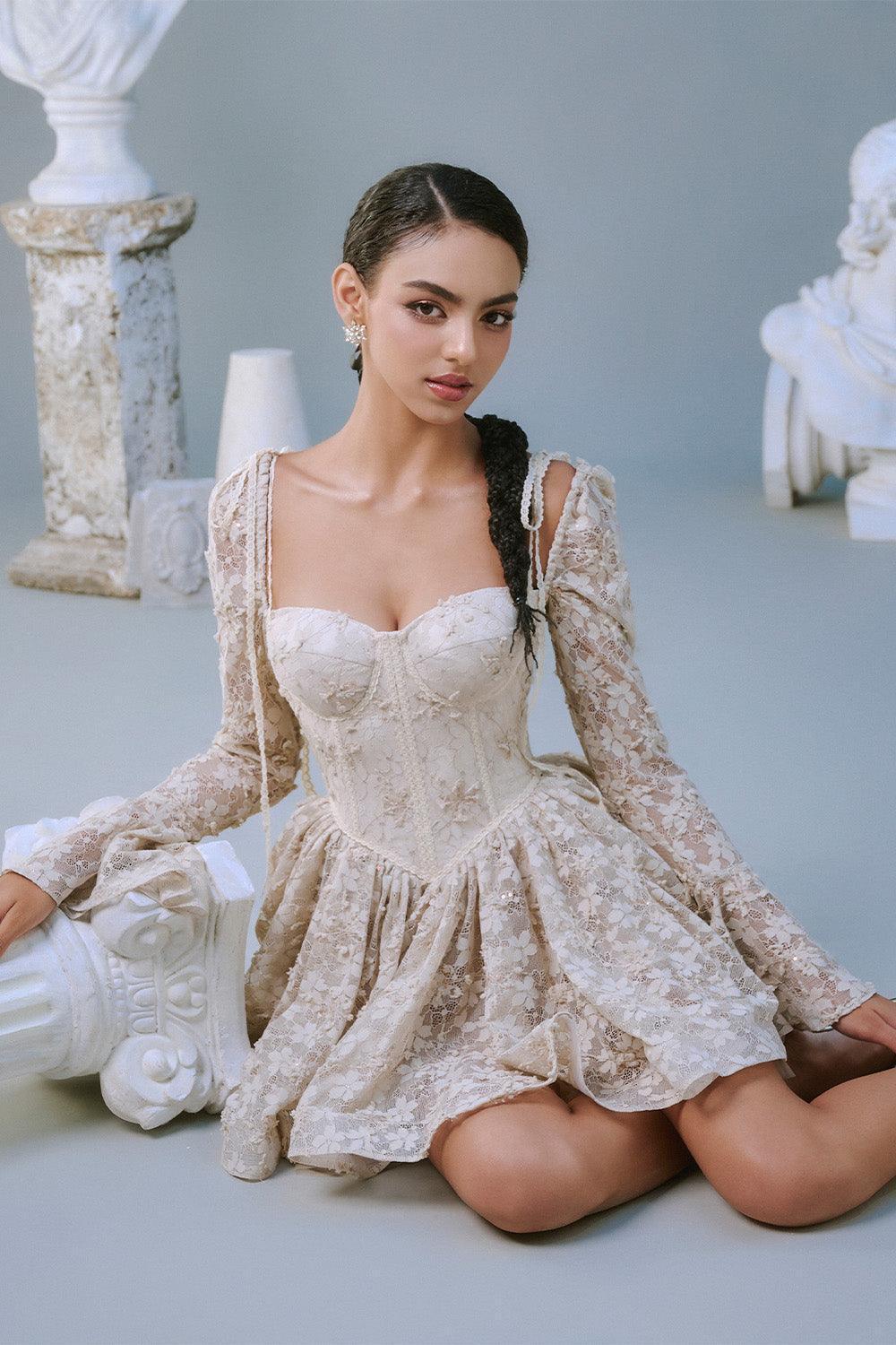 Clover Fit and Flare Semi-Heart Neck Mesh Lace Mini Dress - XS / Black / Floral Clover Fit and Flare Semi-Heart Neck Mesh Lace Mini Dress - XS / Black / Floral