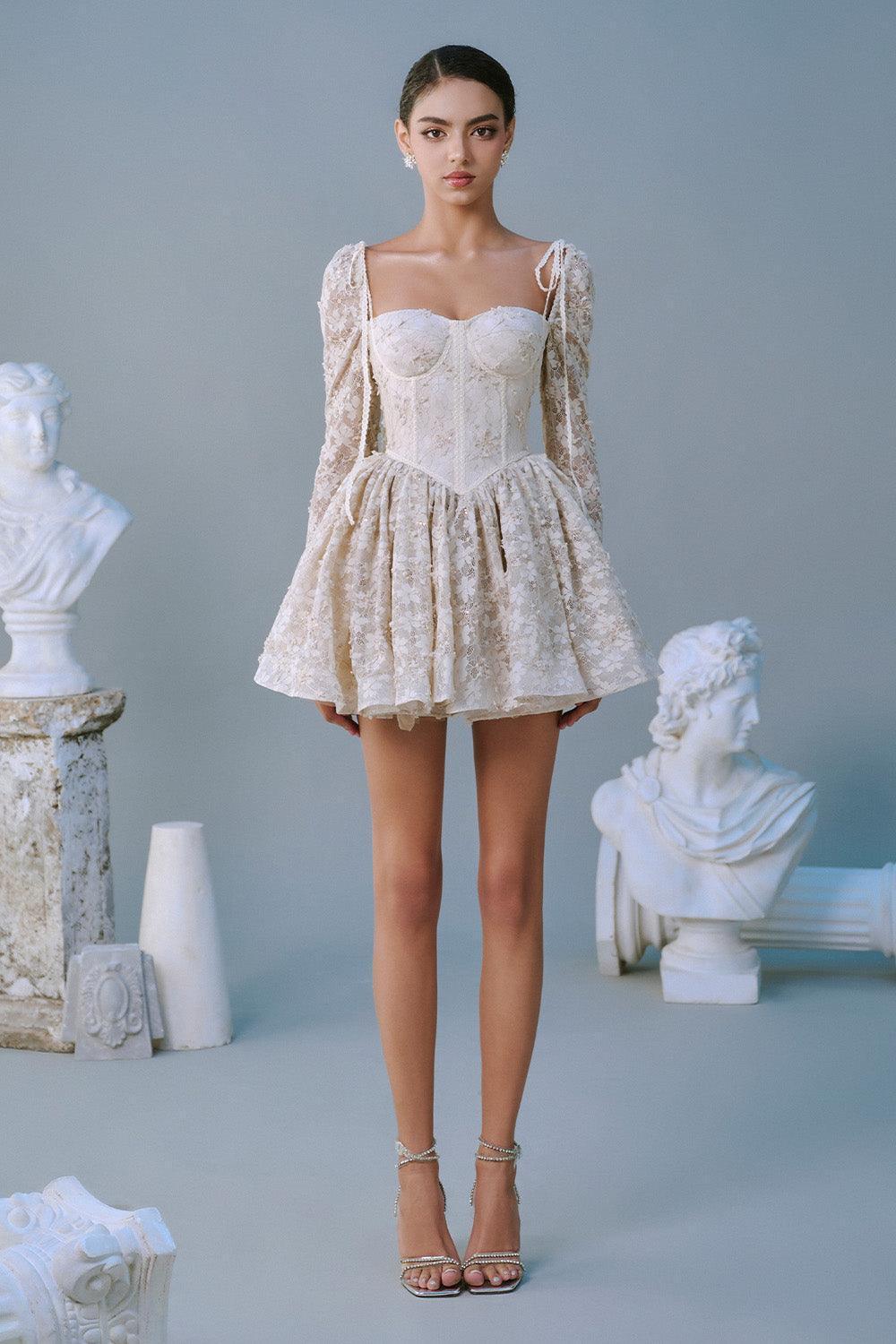 Women's Clover Fit and Flare Semi-Heart Neck Mesh Lace Mini Dress XS/S/M/L/Customize/XL Green/Beige/Black/White Floral/Mixed Lace MEAN BLVD L / Beige Women's Clover Fit and Flare Semi-Heart Neck Mesh Lace Mini Dress XS/S/M/L/Customize/XL Green/Beige/Black/White Floral/Mixed Lace MEAN BLVD L / Beige