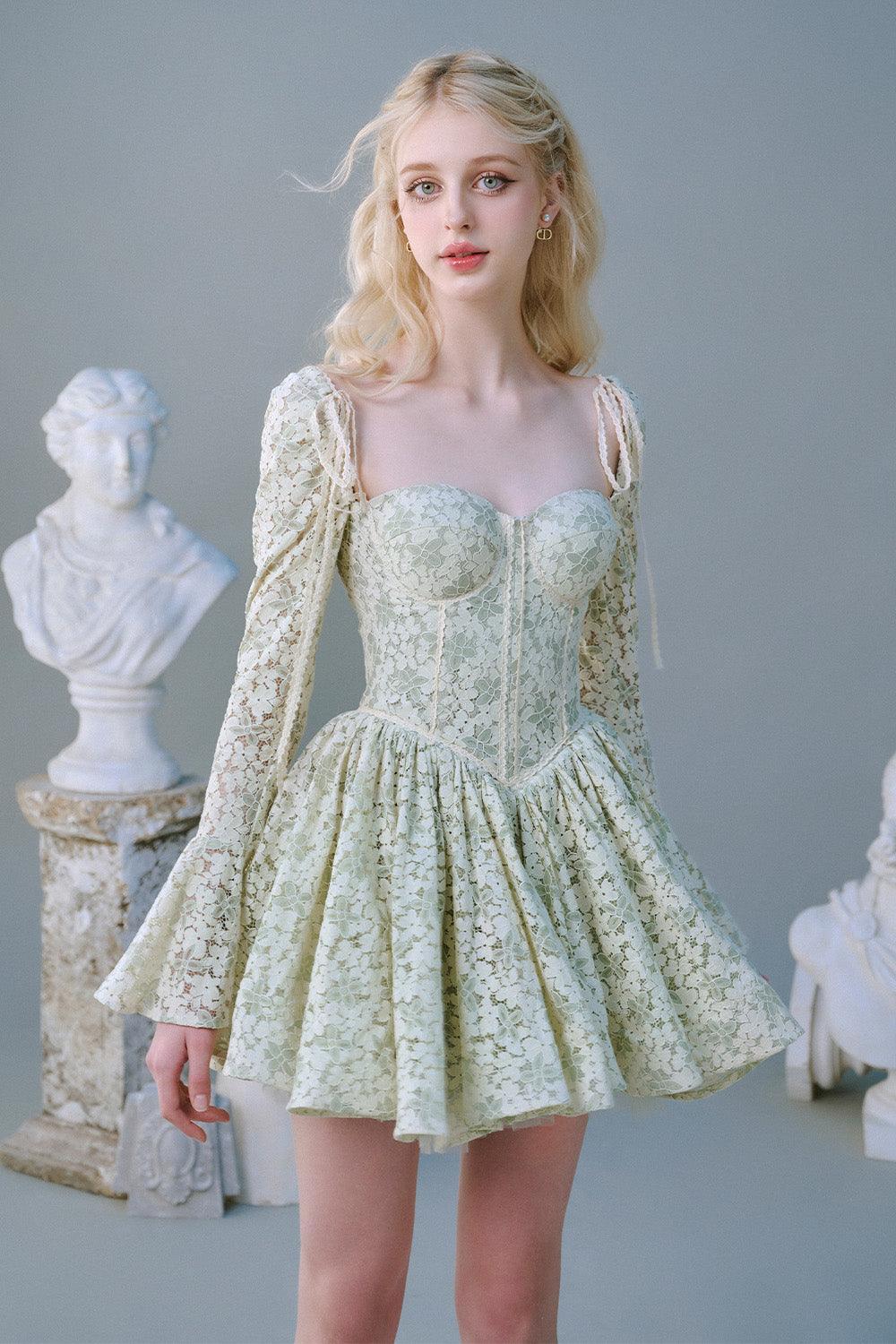 Women's Clover Fit and Flare Semi-Heart Neck Mesh Lace Mini Dress XS/S/M/L/Customize/XL Green/Beige/Black/White Floral/Mixed Lace MEAN BLVD L / Green Women's Clover Fit and Flare Semi-Heart Neck Mesh Lace Mini Dress XS/S/M/L/Customize/XL Green/Beige/Black/White Floral/Mixed Lace MEAN BLVD L / Green