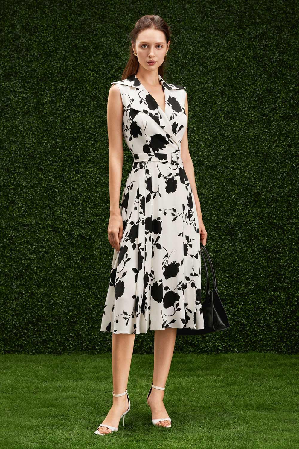 Colette Pleated V-Neck Silk Calf Length Dress - MEAN BLVD