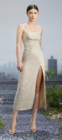 Comma Slit One Shoulder Brocade Calf Length Dress - MEAN BLVD