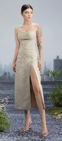 Comma Slit One Shoulder Brocade Calf Length Dress - MEAN BLVD