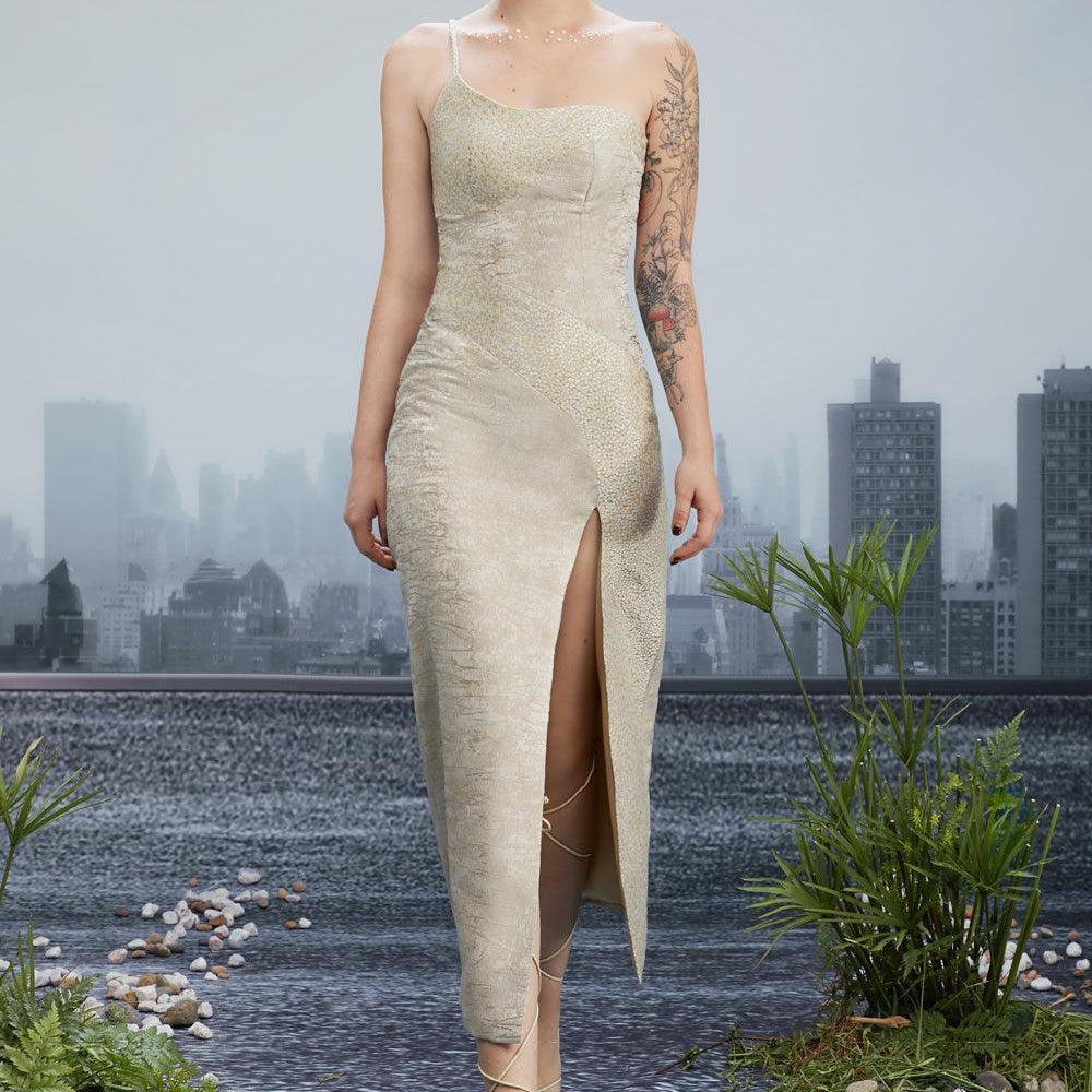 Comma Slit One Shoulder Brocade Calf Length Dress - MEAN BLVD