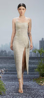 Comma Slit One Shoulder Brocade Calf Length Dress - MEAN BLVD