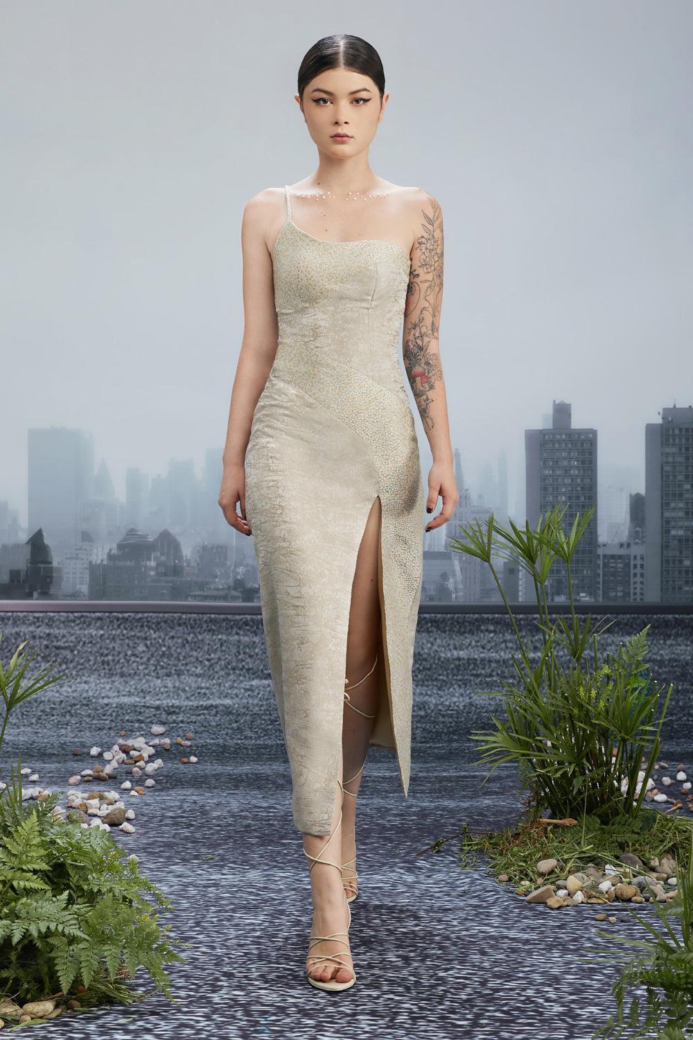 Comma Slit One Shoulder Brocade Calf Length Dress Champagne / 2