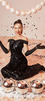 Confetti A-line Off-Shoulder Velvet Ankle Length Dress - MEAN BLVD