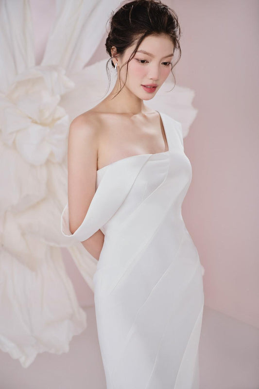 Coral Sheath Asymmetric Silk Crepe Ankle Length Dress - MEAN BLVD