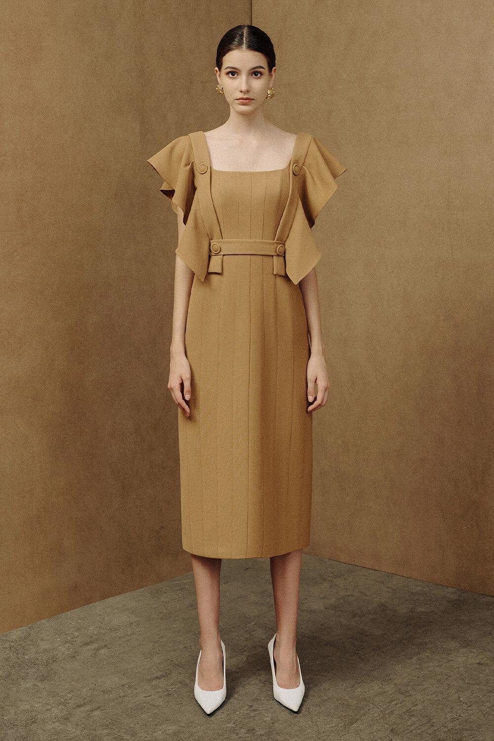 Coral Sheath Square Neck Crepe Midi Dress - MEAN BLVD