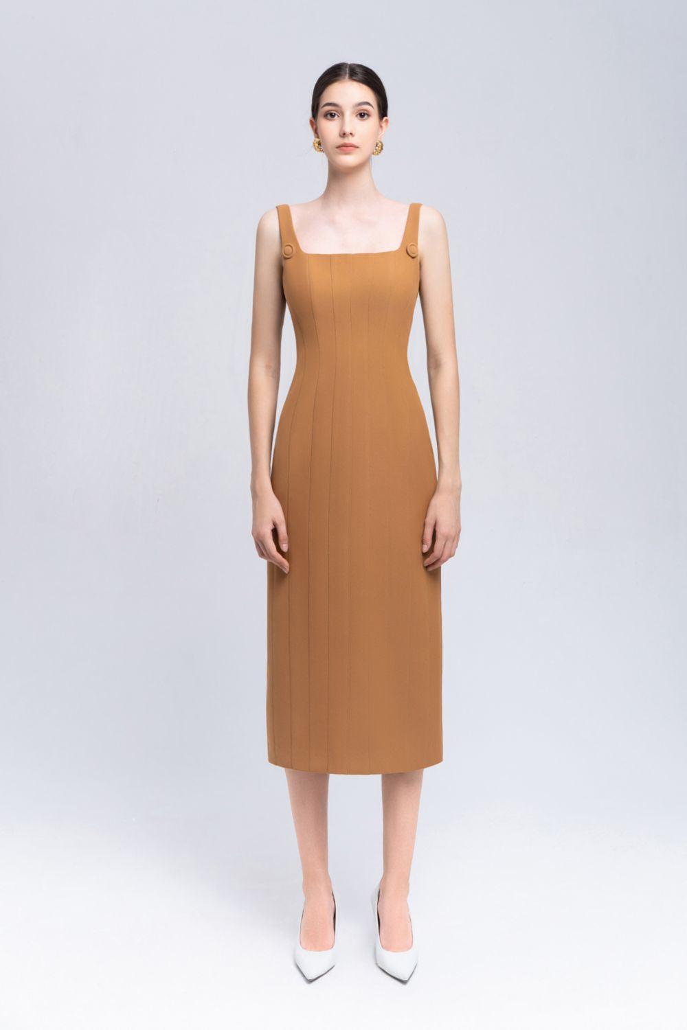 Coral Sheath Square Neck Crepe Midi Dress - MEAN BLVD