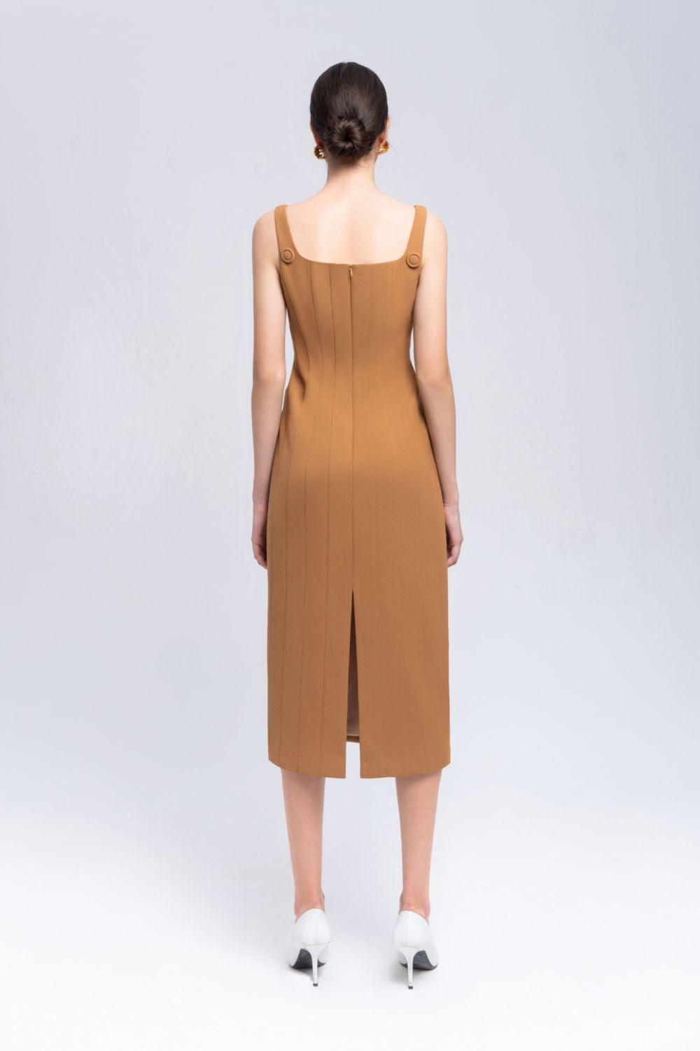 Coral Sheath Square Neck Crepe Midi Dress - MEAN BLVD