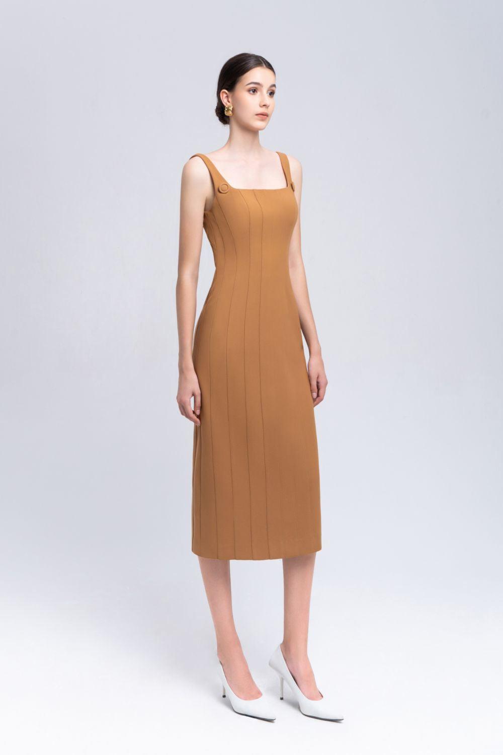 Coral Sheath Square Neck Crepe Midi Dress - MEAN BLVD