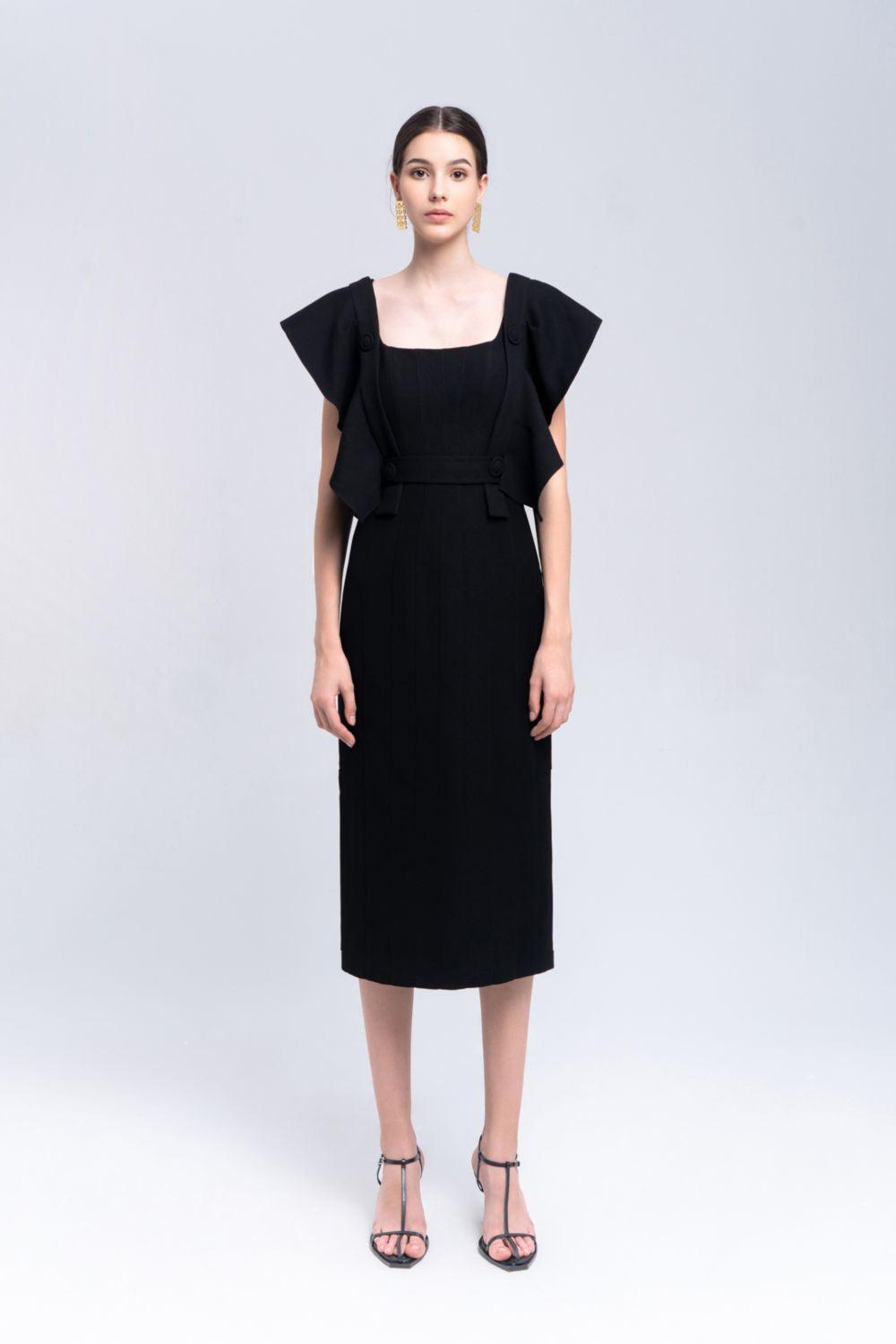 Coral Sheath Square Neck Crepe Midi Dress - MEAN BLVD