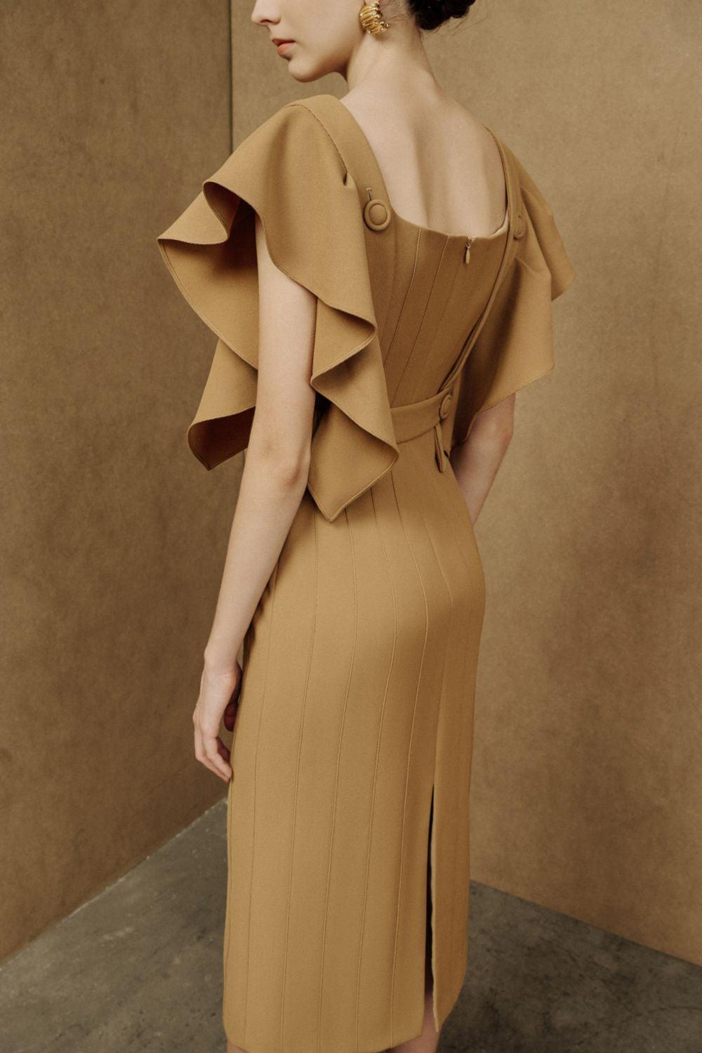 Coral Sheath Square Neck Crepe Midi Dress - MEAN BLVD