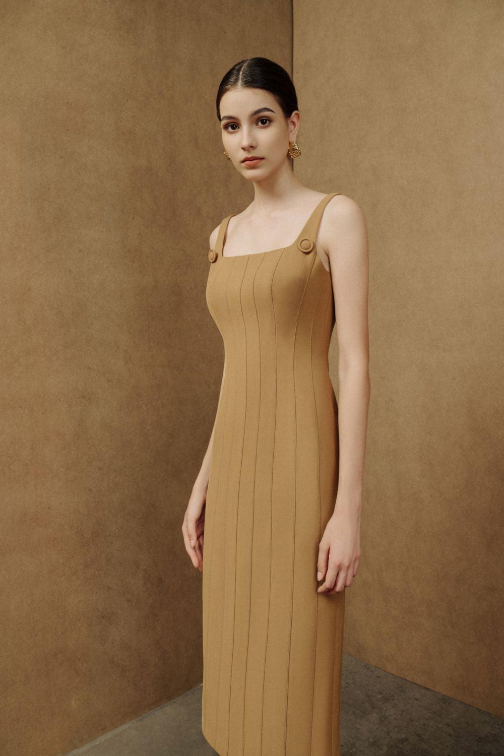 Coral Sheath Square Neck Crepe Midi Dress - MEAN BLVD