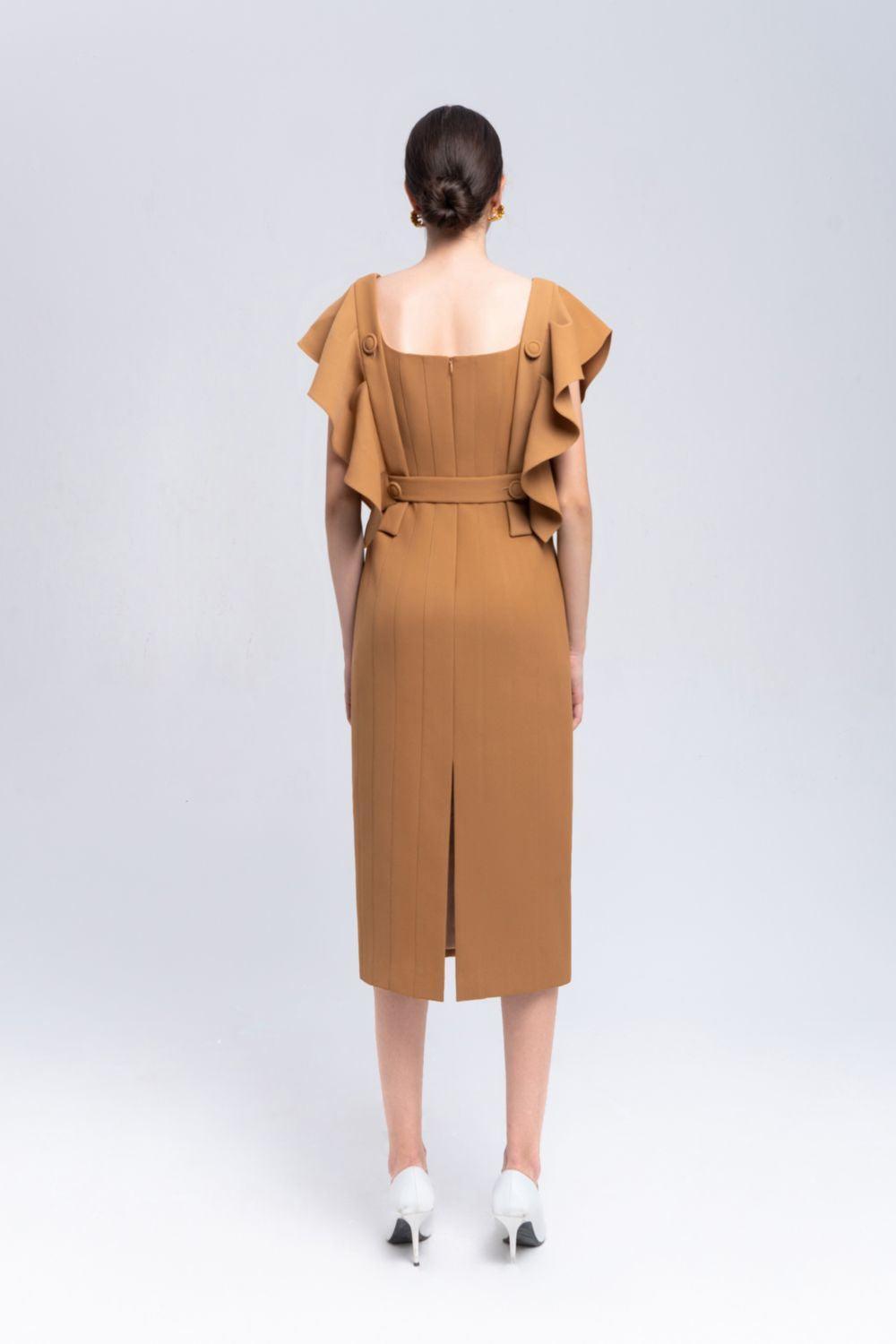 Coral Sheath Square Neck Crepe Midi Dress - MEAN BLVD