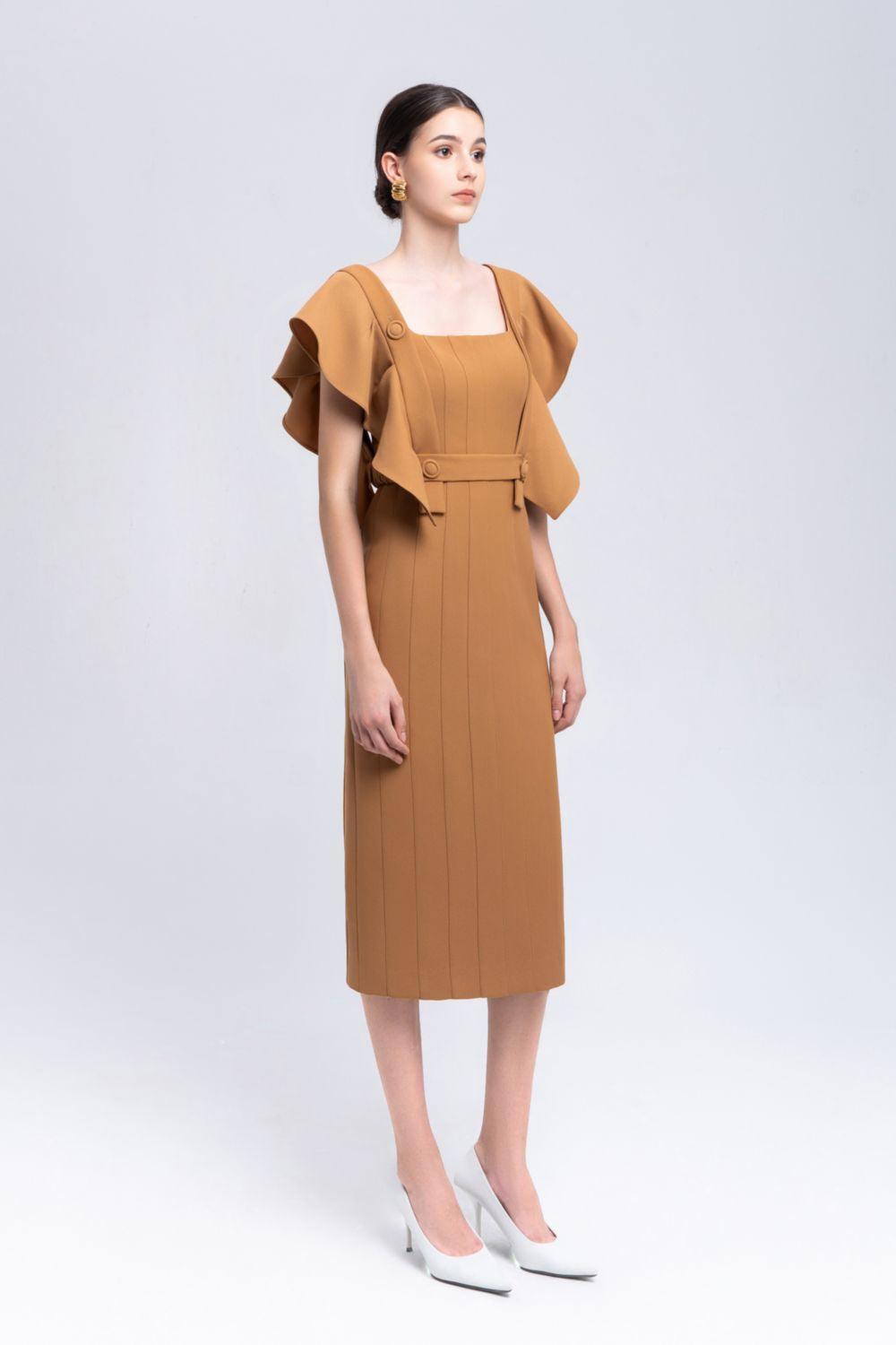 Coral Sheath Square Neck Crepe Midi Dress - MEAN BLVD