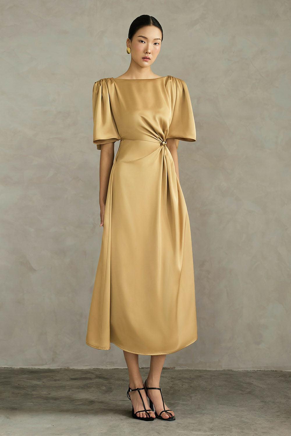 Coralie A-line Boat Neck Silk Midi Dress