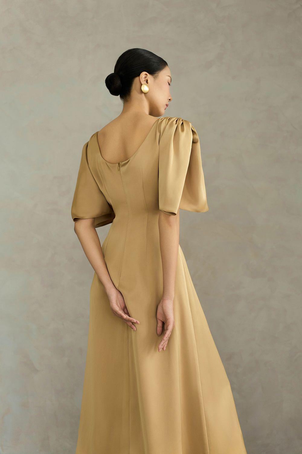Coralie A-line Boat Neck Silk Midi Dress Brown / L