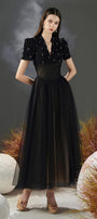 Cosmo Gathered V-Neck Mesh Taffeta Ankle Length Dress - MEAN BLVD
