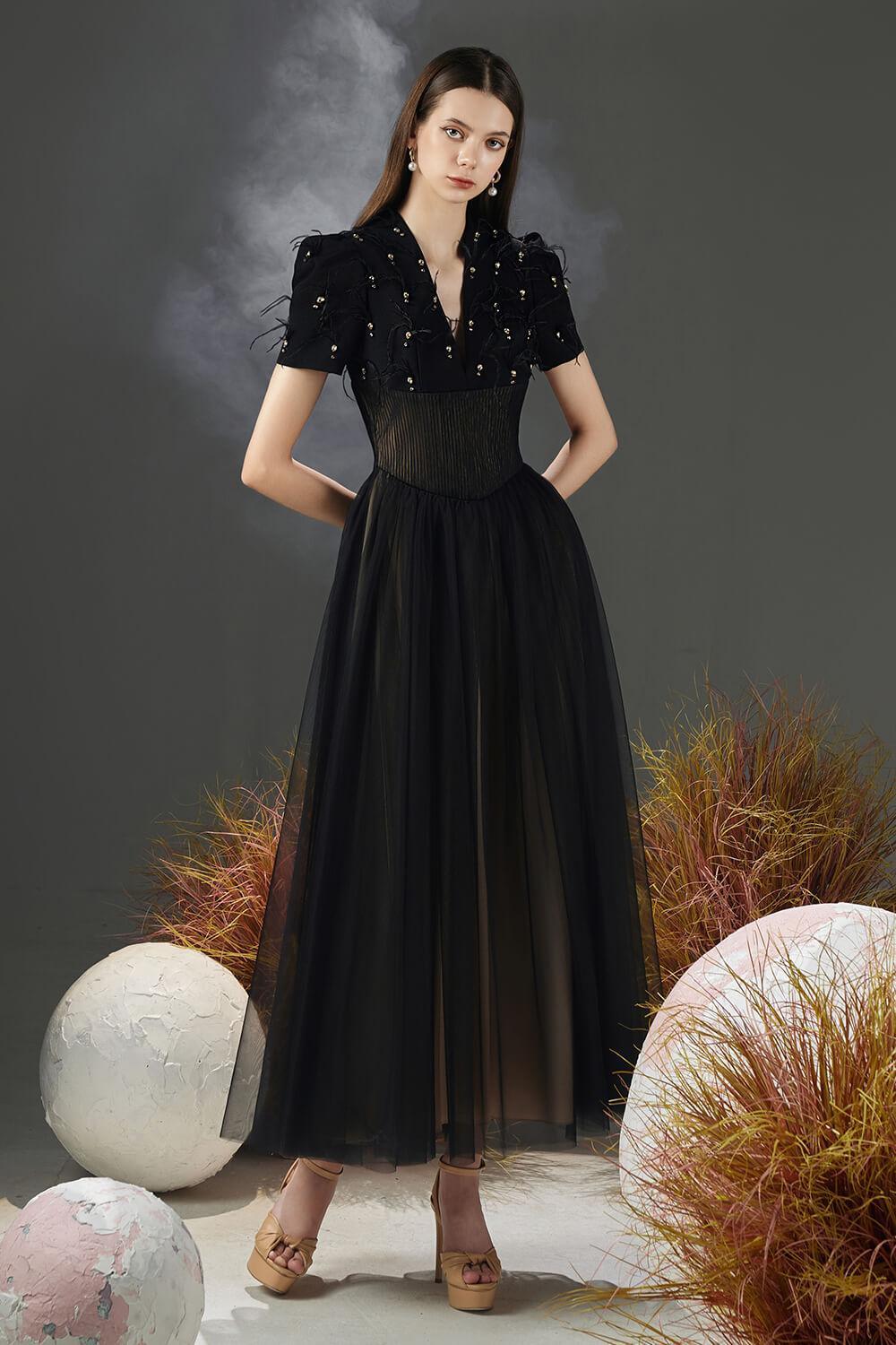 Cosmo Gathered V-Neck Mesh Taffeta Ankle Length Dress - MEAN BLVD