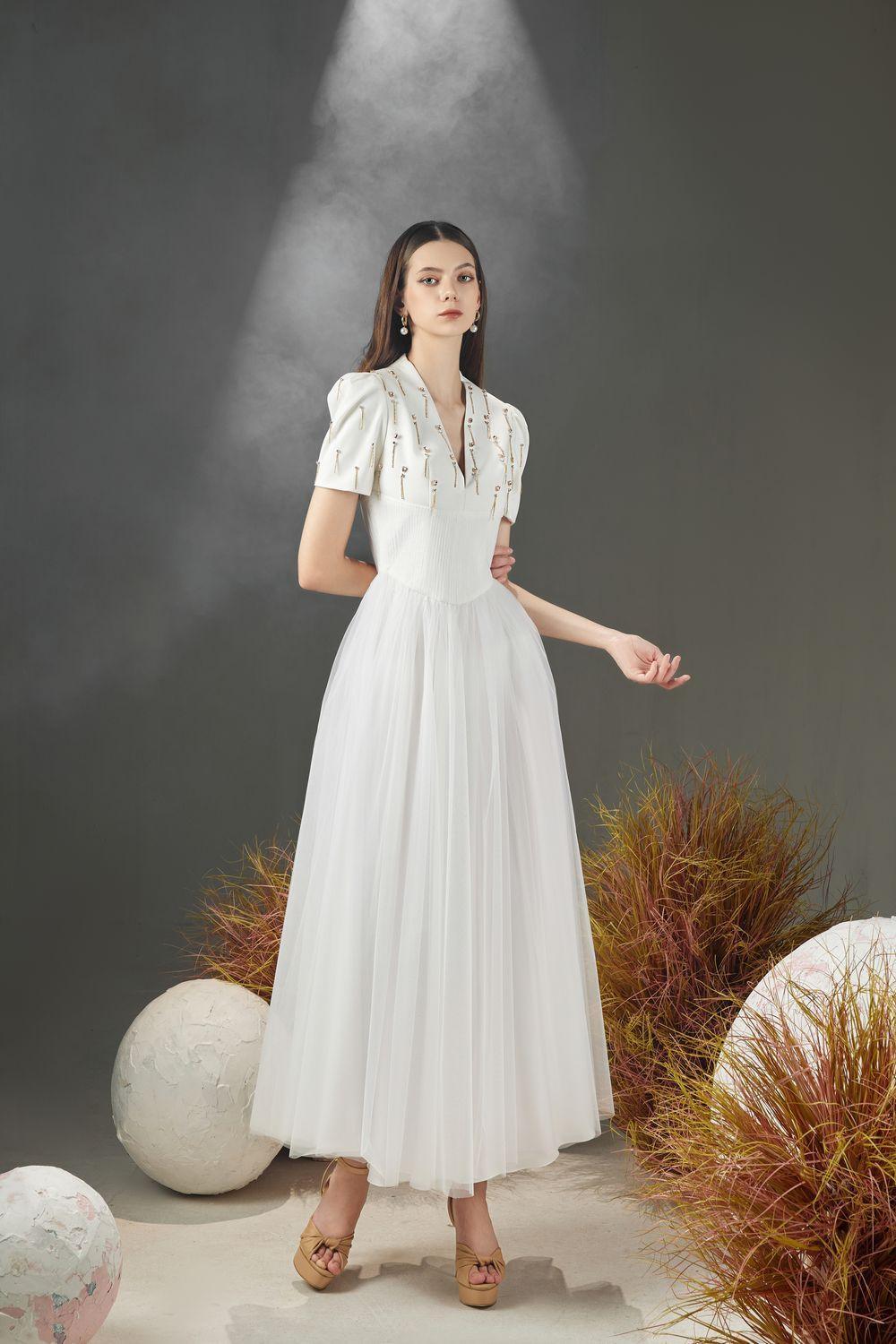 Cosmo Gathered V-Neck Mesh Taffeta Ankle Length Dress - MEAN BLVD