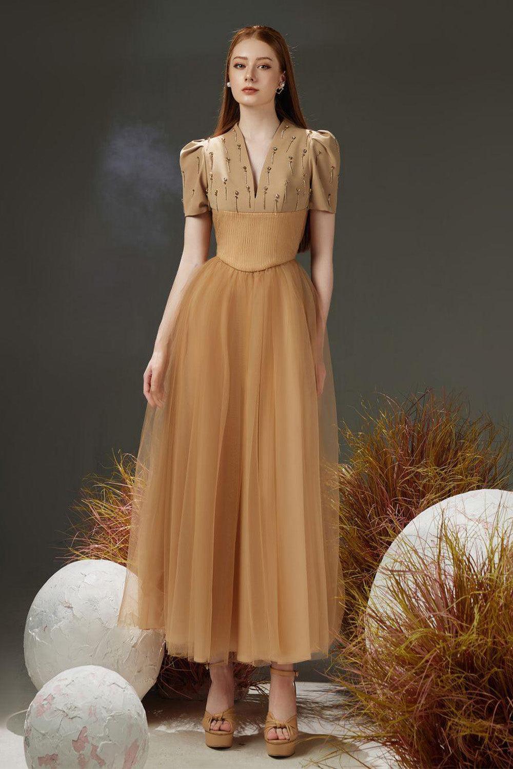 Cosmo Gathered V-Neck Mesh Taffeta Ankle Length Dress