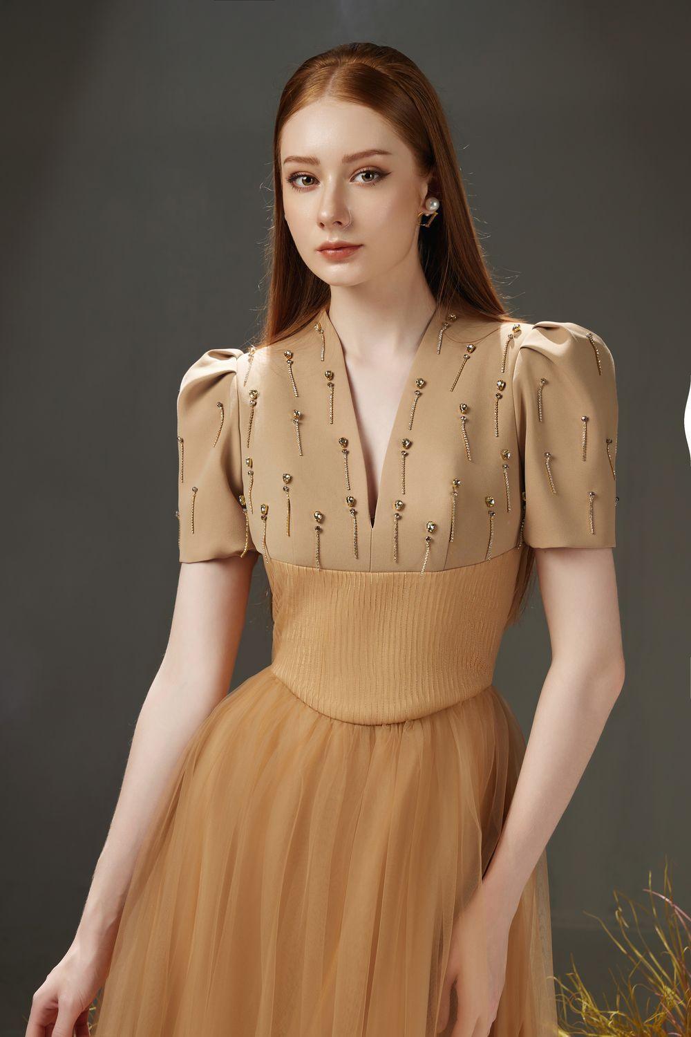 Cosmo Gathered V-Neck Mesh Taffeta Ankle Length Dress - MEAN BLVD