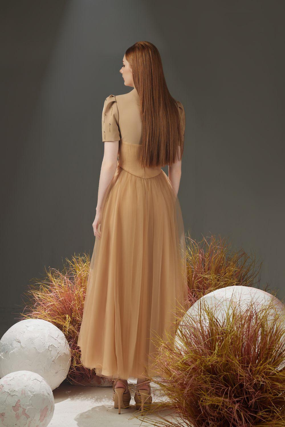 Cosmo Gathered V-Neck Mesh Taffeta Ankle Length Dress - MEAN BLVD