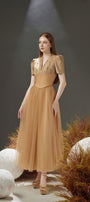 Cosmo Gathered V-Neck Mesh Taffeta Ankle Length Dress - MEAN BLVD