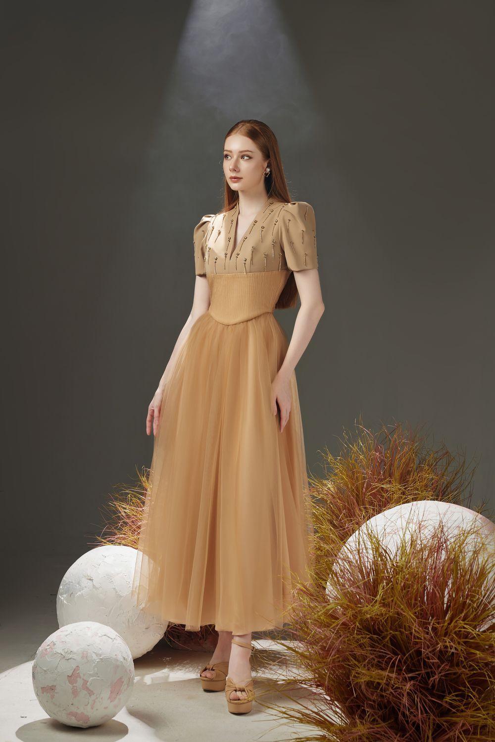 Cosmo Gathered V-Neck Mesh Taffeta Ankle Length Dress - MEAN BLVD