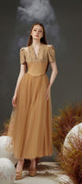 Cosmo Gathered V-Neck Mesh Taffeta Ankle Length Dress - MEAN BLVD