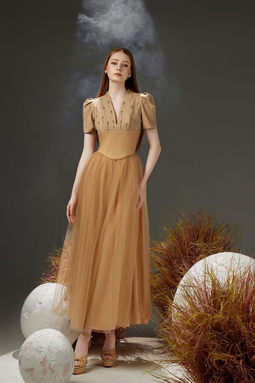 Cosmo Gathered V-Neck Mesh Taffeta Ankle Length Dress - MEAN BLVD