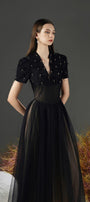 Cosmo Gathered V-Neck Mesh Taffeta Ankle Length Dress - MEAN BLVD