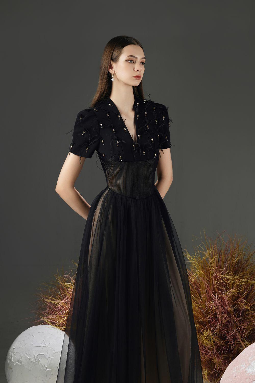 Cosmo Gathered V-Neck Mesh Taffeta Ankle Length Dress - MEAN BLVD