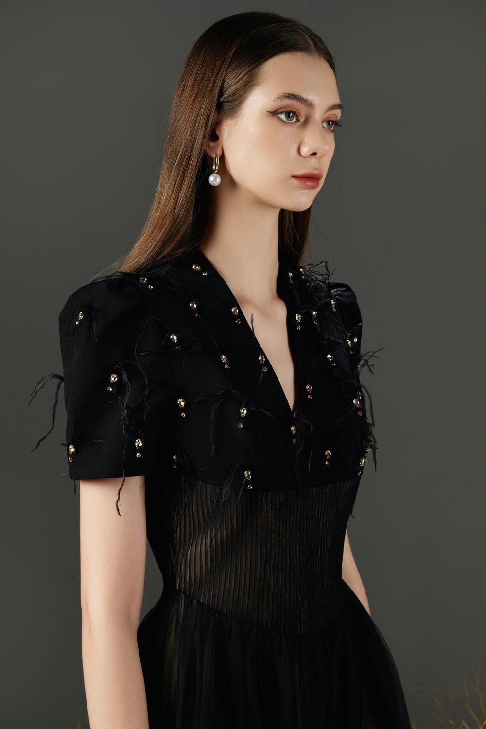 Cosmo Gathered V-Neck Mesh Taffeta Ankle Length Dress - MEAN BLVD