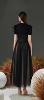 Cosmo Gathered V-Neck Mesh Taffeta Ankle Length Dress - MEAN BLVD