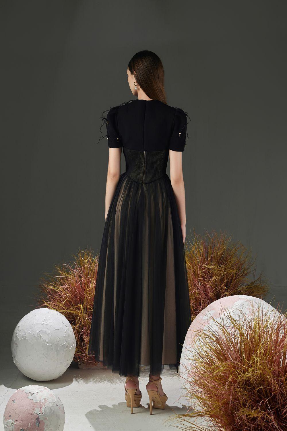 Cosmo Gathered V-Neck Mesh Taffeta Ankle Length Dress - MEAN BLVD