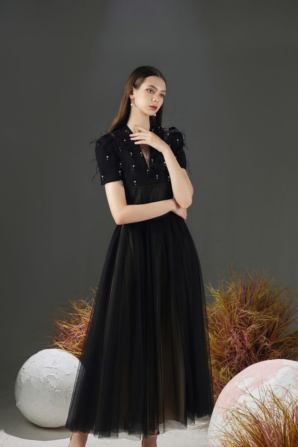 Cosmo Gathered V-Neck Mesh Taffeta Ankle Length Dress - MEAN BLVD