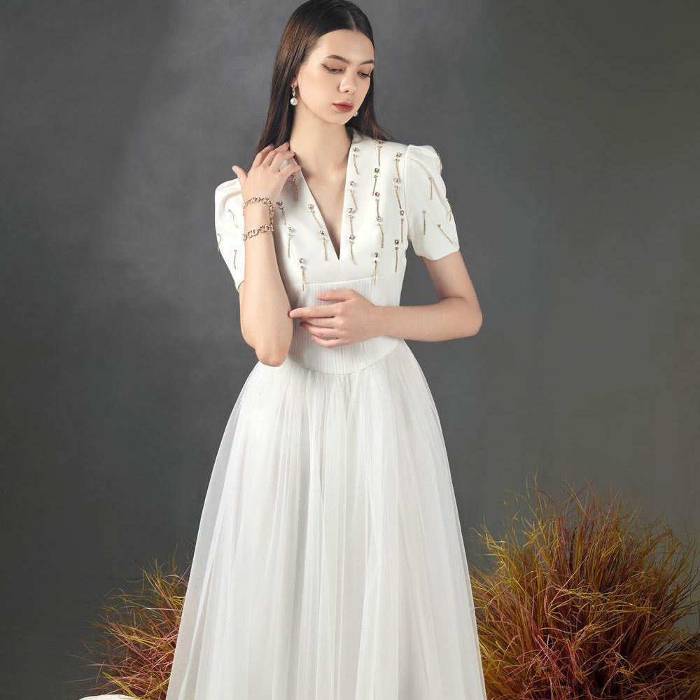 Cosmo Gathered V-Neck Mesh Taffeta Ankle Length Dress - MEAN BLVD