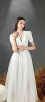 Cosmo Gathered V-Neck Mesh Taffeta Ankle Length Dress - MEAN BLVD