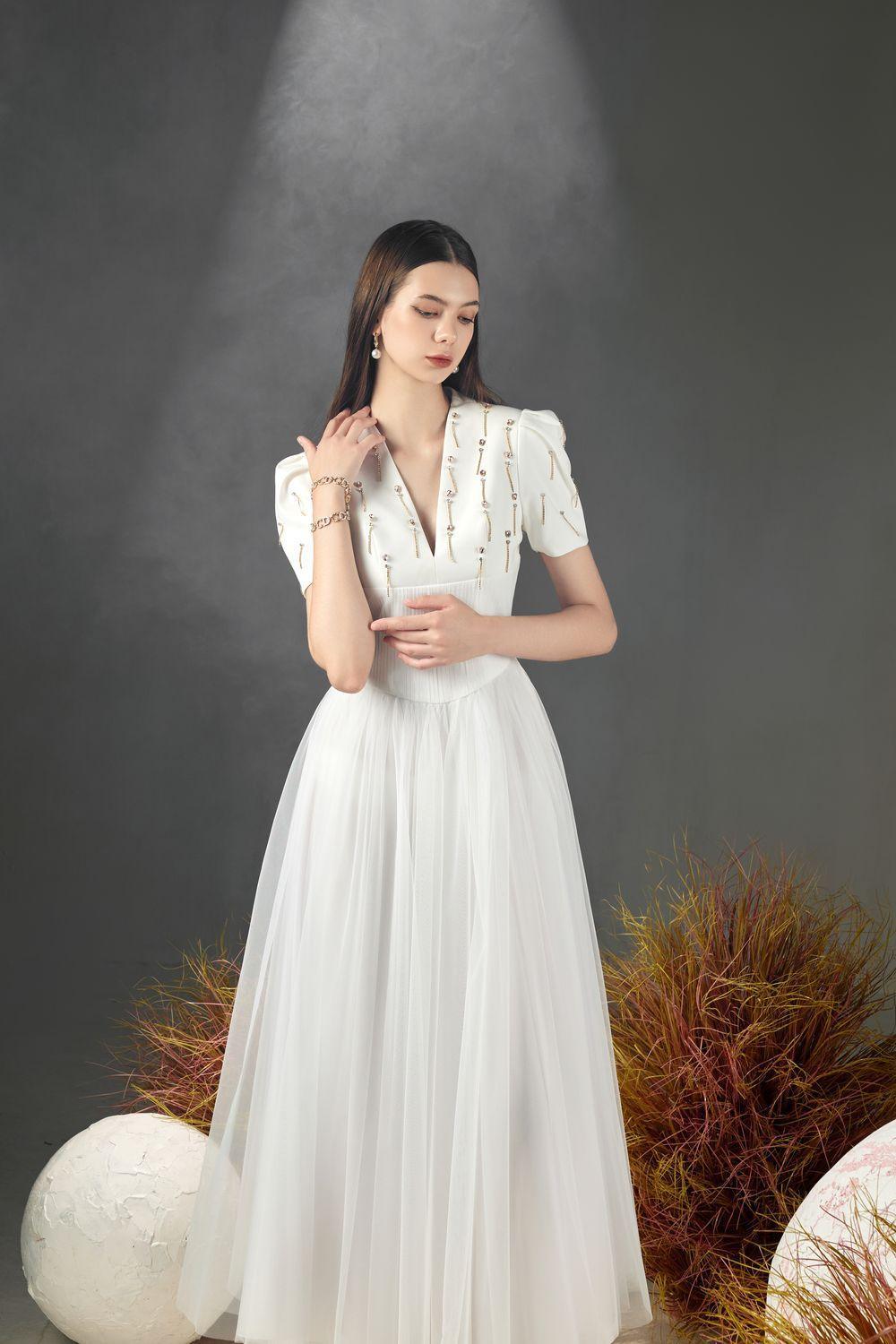 Cosmo Gathered V-Neck Mesh Taffeta Ankle Length Dress - MEAN BLVD