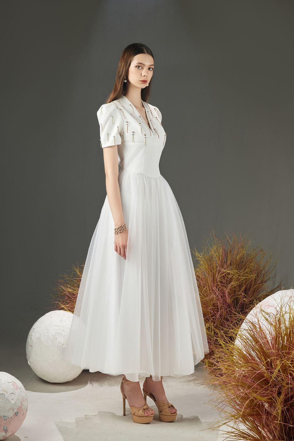Cosmo Gathered V-Neck Mesh Taffeta Ankle Length Dress - MEAN BLVD