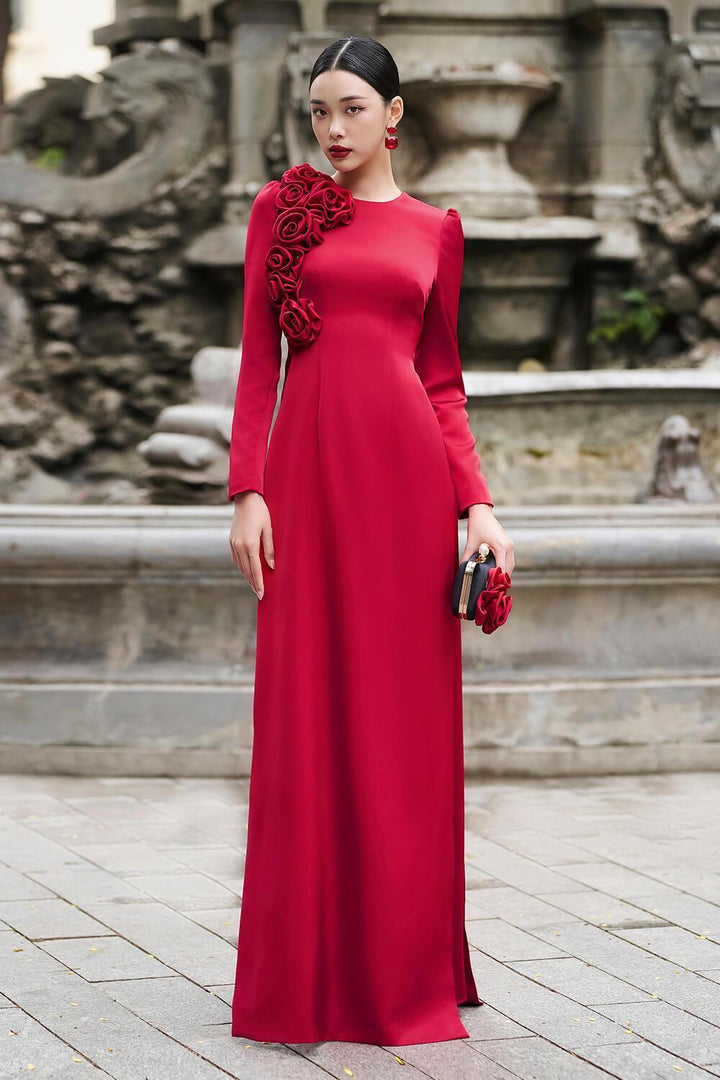 Coutura Sheath Flower Applique Silk Floor Length Ao Dai - MEAN BLVD