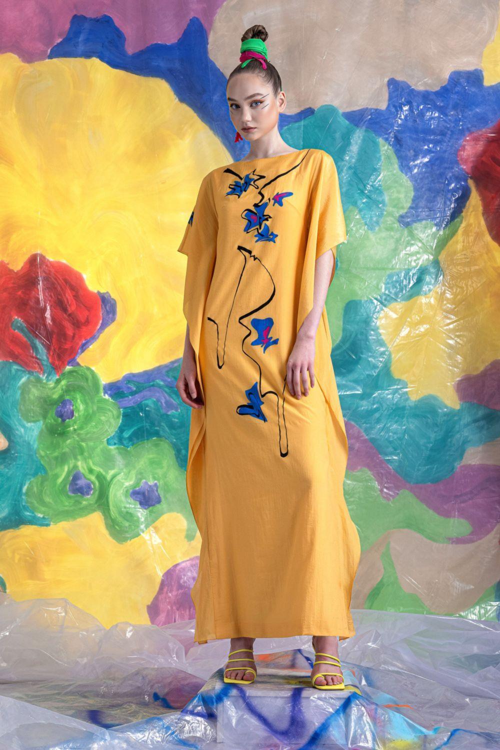 Cressida Straight Batwing Sleeved Cotton Blend Ankle Length Dress Mustard Yellow / Customize