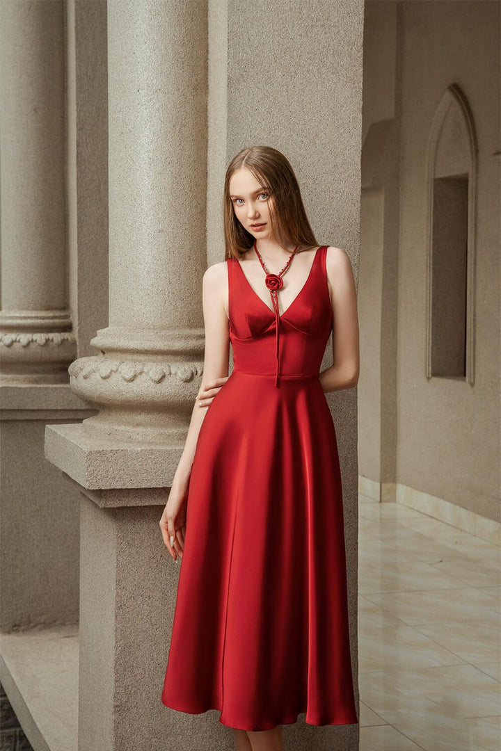 Crimson A-line V-Neck Silk Midi Dress - MEAN BLVD