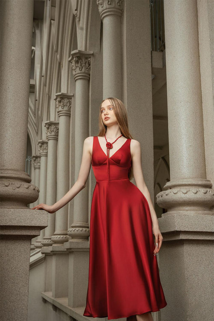 Crimson A-line V-Neck Silk Midi Dress - MEAN BLVD